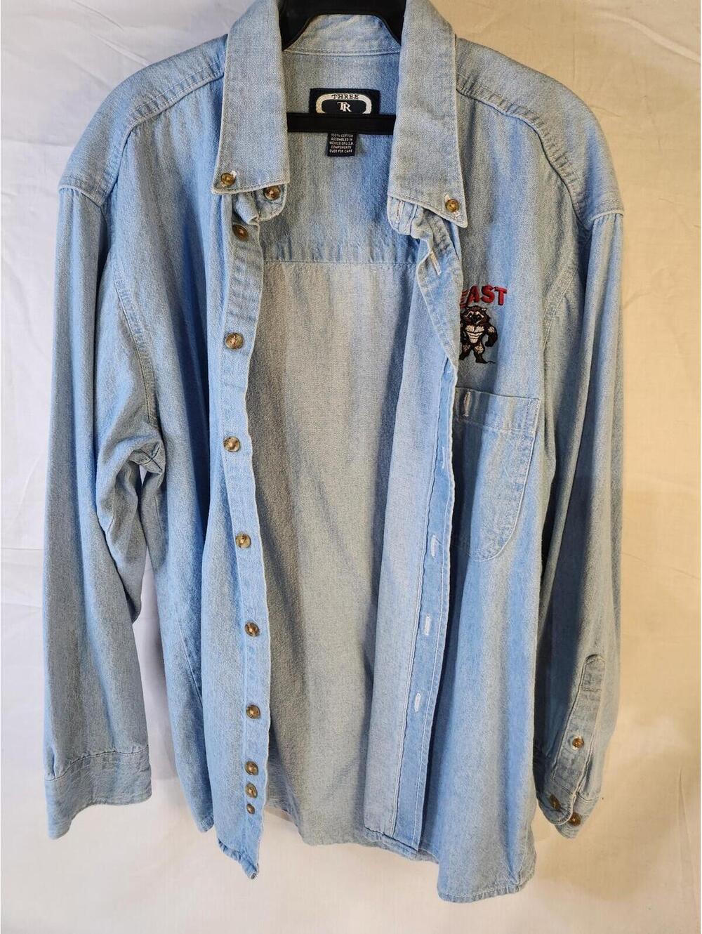 Vintage Three Rivers M Blue Jean Denim “Beast Collector” Emb Button Up M/L Shirt